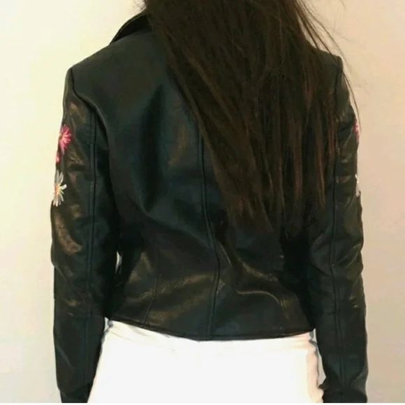 Romeo & Juliet Couture small Moto jacket black Faux Leather embroidered flowers - Picture 14 of 16
